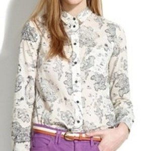 Madewell 100% Organic Cotton White & Black Map Long Sleeve Button Up Shirt XS